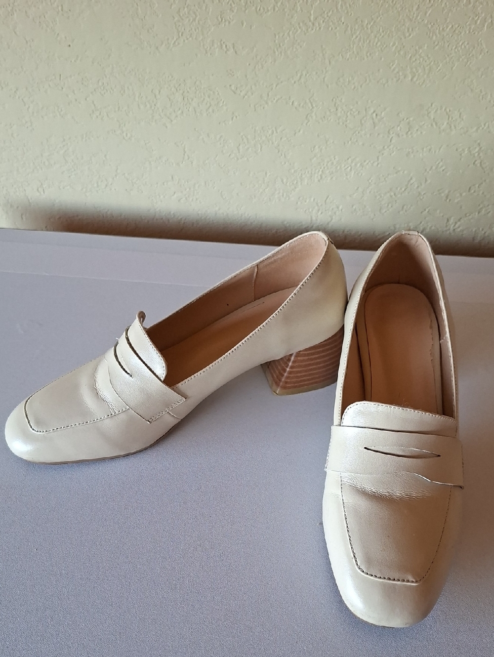 Cream Leather Block Heel Loafers for Women